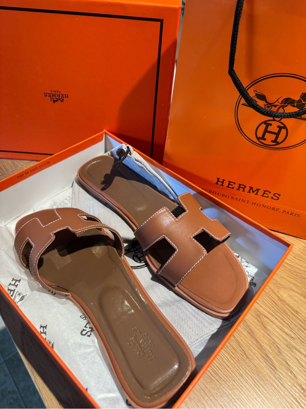 Hermes Brown Oran Leather Slide Sandals